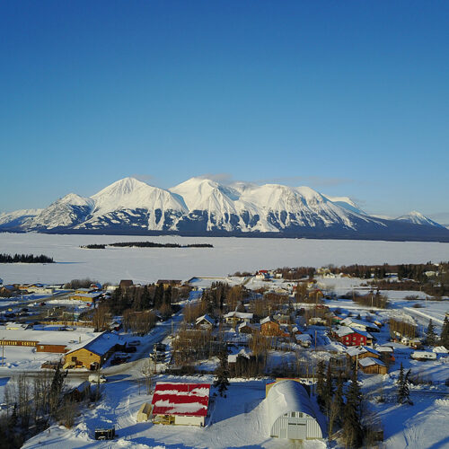 Overlooking Atln, BC with snow-capped mountains in the background
